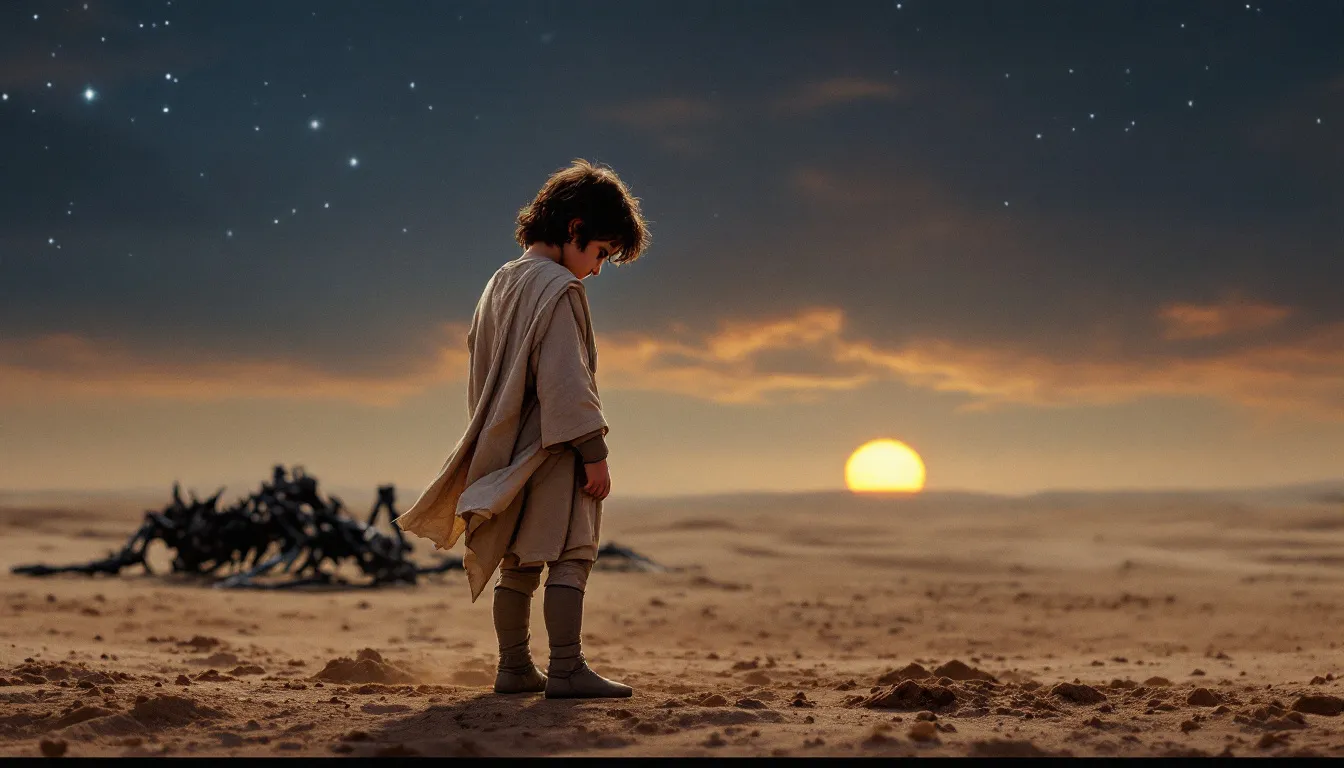 Anakin Skywalker as a young boy on Tatooine, showcasing his potential.