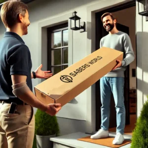 delivery man handing over a long box to an adult lightsaber enthusiast